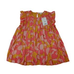 DR2‎ Floral Print Pleated Ruffle Sleeve Dress Pink Yellow Size S
